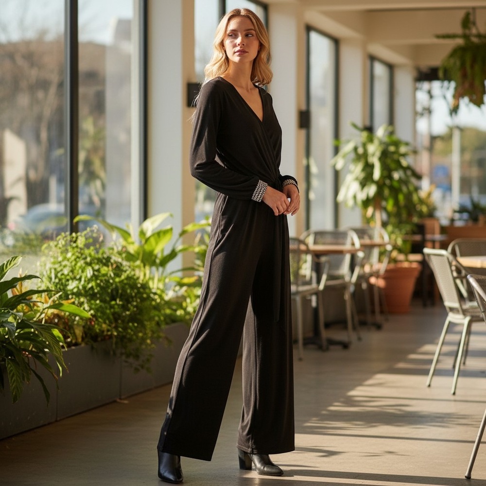 MSK Womens Black Long Sleeve Embellished Cuff Tie Waist Jumpsuit NWT